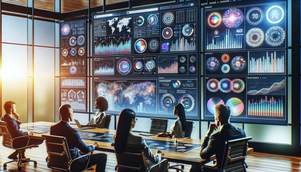 An analytical setup with various data visualizations on screens powered by generic analytics softwares. We see Caucasian male and black female leaders making decisions based on data insights depicted as steering towards future successes. The room is filled with screens showing colorful graphs, charts, and numbers, creating a high-tech feel. The leaders are deep in thought, studying the screens, discussing strategies and being full of motivation and determination.