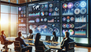 An analytical setup with various data visualizations on screens powered by generic analytics softwares. We see Caucasian male and black female leaders making decisions based on data insights depicted as steering towards future successes. The room is filled with screens showing colorful graphs, charts, and numbers, creating a high-tech feel. The leaders are deep in thought, studying the screens, discussing strategies and being full of motivation and determination.