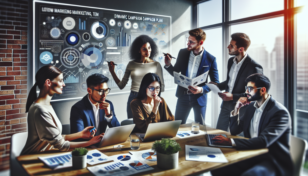 An intriguing image of a marketing team composed of varied professionals: A Caucasian woman operates digital tools like marketing software on her laptop, an Asian man strategizes a dynamic campaign plan on a digital whiteboard, a Black woman gives creative input while holding printed data reports, and a Middle-Eastern man discusses innovative ideas over a conference call. They brainstorm together, evoking a sense of unity and creativity. The setting is a contemporary, bright office with large windows that allow natural light to stream in.