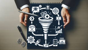 Create an illustration presenting an intertwined marketing and sales funnel. Incorporate indicative symbols that represent integrated and streamlined business operations. Please note that instead of the specific brand logos, use generic ones to maintain neutrality.