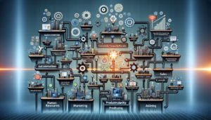 A complex and intricate diagram spotlighting automated workflows designed to optimize procedures across multiple business divisions. The departments in focus include human resources, marketing, and sales. The automated systems depicted are considerably enhancing productivity results within these departments. The diagram illustrates a journey from manual to automated processes, resulting in significant productivity improvements and showcasing the benefits of automation in various aspects of business operation.