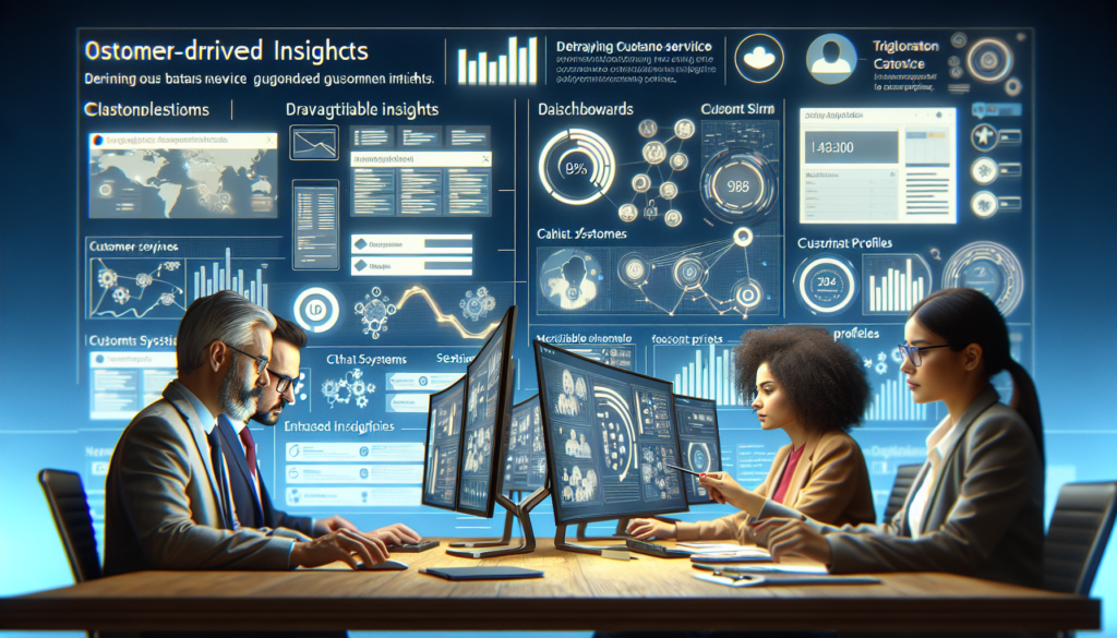 An image depicting a business setting governed by data-driven insights. It shows a diverse group of professionals; a Hispanic woman, a Middle-Eastern man, and a Caucasian man engrossed in analysing complex dashboards. These dashboards are integrated with prominent customer service platforms, noticeably lacking brand names but identifiable through unique features like chat interfaces, ticket systems and client profiles. They are drawing actionable insights from this and devising enhanced strategic plans to improve overall business operations.