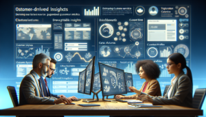 An image depicting a business setting governed by data-driven insights. It shows a diverse group of professionals; a Hispanic woman, a Middle-Eastern man, and a Caucasian man engrossed in analysing complex dashboards. These dashboards are integrated with prominent customer service platforms, noticeably lacking brand names but identifiable through unique features like chat interfaces, ticket systems and client profiles. They are drawing actionable insights from this and devising enhanced strategic plans to improve overall business operations.