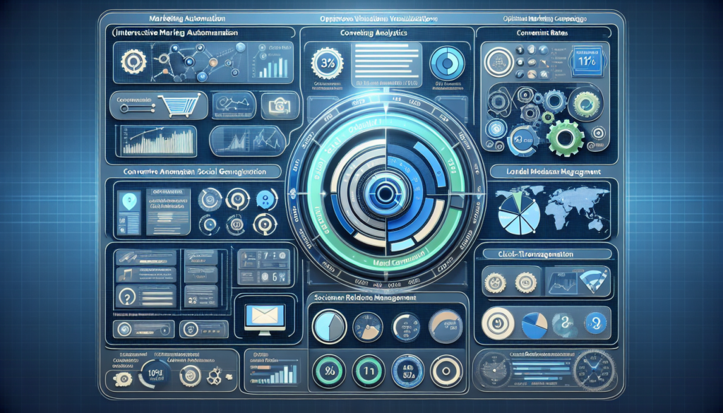 Generate an image of a generic interactive marketing automation dashboard, encompassing crucial metrics and process visualizations for optimized marketing campaigns. The dashboard should demonstrate features such as email automation, landing page analytics, social media management, content scheduling, customer relationship management, and lead generation. It should highlight numerical indicators and charts that track engagement rates, conversion rates, click-through rates, and overall ROI.