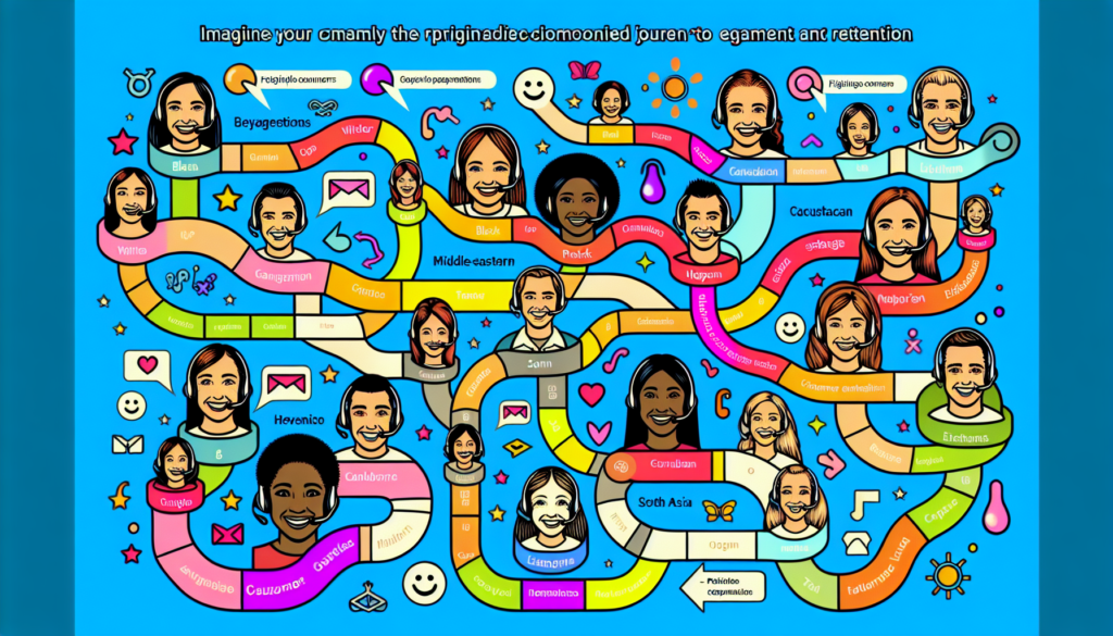 Imagine a dynamic map featuring the personalised journeys of many customers. Each path diverges, intertwines, and converges again, representing individual customer experiences. These paths are marked with diverse stages, each highlighted in vibrant colors. On these stages, use pictorial representations or friendly icons to signify the usage of Intercom, an interactive communication tool. These icons might include symbols like headsets, speech bubbles, or mail envelopes. Furthermore, show the positive impact of this tool on engagement and retention visually. Incorporate a multitude of different happy customer faces, reflecting a wide variety of genders and descents including Caucasian, Black, Hispanic, Middle-Eastern, South Asian, and White. These smiling faces represent satisfied and loyal clients.