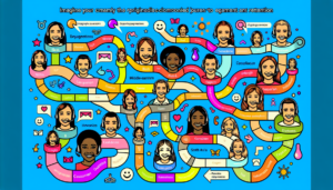 Imagine a dynamic map featuring the personalised journeys of many customers. Each path diverges, intertwines, and converges again, representing individual customer experiences. These paths are marked with diverse stages, each highlighted in vibrant colors. On these stages, use pictorial representations or friendly icons to signify the usage of Intercom, an interactive communication tool. These icons might include symbols like headsets, speech bubbles, or mail envelopes. Furthermore, show the positive impact of this tool on engagement and retention visually. Incorporate a multitude of different happy customer faces, reflecting a wide variety of genders and descents including Caucasian, Black, Hispanic, Middle-Eastern, South Asian, and White. These smiling faces represent satisfied and loyal clients.