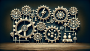 Generate an intricately detailed image of several interconnected gears which symbolize automation. Each gear should have a distinct character, some with meticulously engraved symbols of common business tools, without identifying brand logos. The tools can include a representation of a automation tool, typically symbolized by a lightning bolt, and a customer relationship management symbol, typically represented by interconnected people. The scene should be set in a professional business environment.