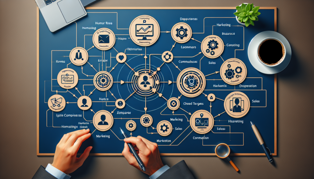 Compose an attractive and informative diagram that showcases the interplay of different Zapier automation workflows across an assortment of domains within a business setting. Specifically emphasize on the networking of the Human Resources, Marketing, and Sales units. Visually represent the interactions, collaborations, or dependencies between these departments, taking into account the nature of communications, shared targets, and project objectives.