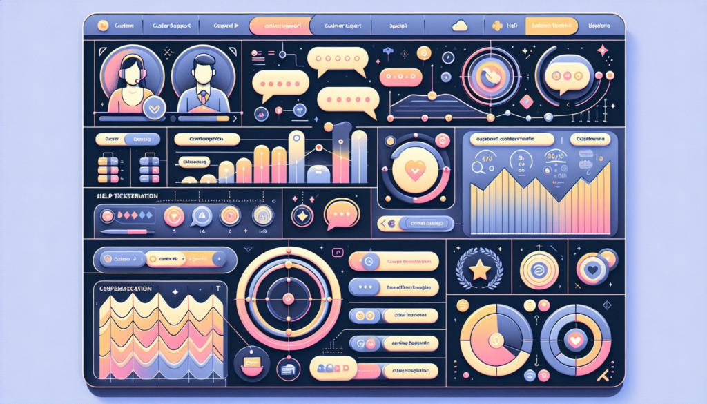 Generate an image of a detailed customer support dashboard interface. The dashboard should have visual elements that represent efficient customer interaction, such as a chat bubbles feature, help ticket tracking, customer satisfaction graphs, and a representation of active interactions. Include a soothing color scheme and intuitive design to signify smooth user experience, inspired by popular customer support platforms.