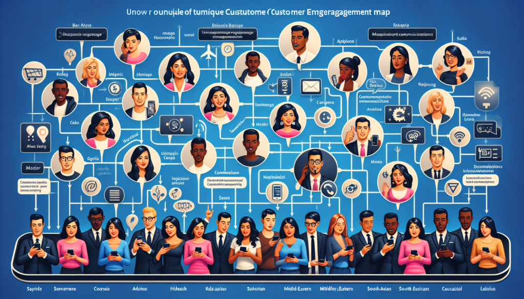 Visualize a creative representation of a unique customer engagement map using a generic instant messaging software. Illustrate various touchpoints that represent tailored communication and engagement strategies. Ensure diversity by depicting customers of different descents such as Black, Hispanic, Middle-Eastern, South Asian, and Caucasian. Portray both male and female customers interacting with this system. Some customers may be waiting for a message, some may be in the process of receiving real-time responses, and others might have just concluded a successful interaction. Also, showcase the range of emotions experienced during these interactions to emphasize the personalized communication.