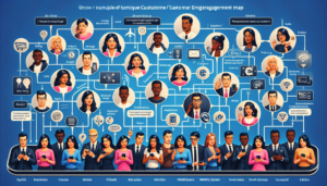 Visualize a creative representation of a unique customer engagement map using a generic instant messaging software. Illustrate various touchpoints that represent tailored communication and engagement strategies. Ensure diversity by depicting customers of different descents such as Black, Hispanic, Middle-Eastern, South Asian, and Caucasian. Portray both male and female customers interacting with this system. Some customers may be waiting for a message, some may be in the process of receiving real-time responses, and others might have just concluded a successful interaction. Also, showcase the range of emotions experienced during these interactions to emphasize the personalized communication.