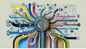 Illustrate a high-level conceptual representation where various modes of communication, portrayed as colored streams, converge seamlessly into a central structure. This structure represents a sophisticated customer service and internal communication platform, not dissimilar to customer support systems in general. The streams represent various channels like email, live chats, phone calls, and social media inputs. They should funnel smoothly into the central hub, signifying effective streamlining and integrated service. The overall aesthetics should echo dynamism, connectivity, and enhanced customer care.