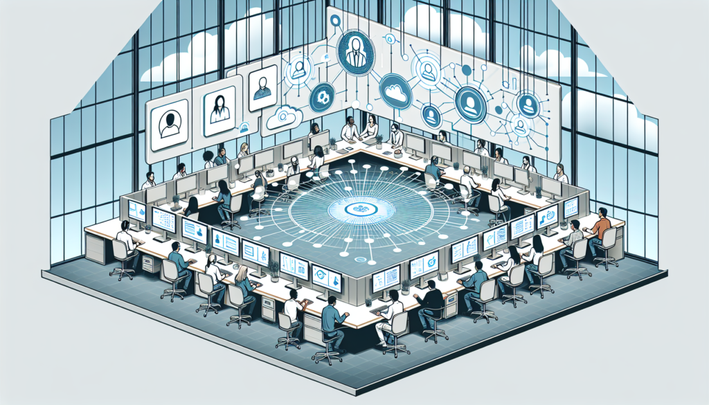 Illustrate an office environment that showcases a concept of seamless communication. Imagine a central platform being the core of this setup, symbolically connecting various teams. This could appear as an illustrative web of interconnected nodes spreading throughout the space, signifying unity and clarity. The employees using this system are from different descents, such as Caucasians, Hispanics, South Asian, and Middle-Eastern, representing a balanced diversity. This setup should illustrate a unified approach to customer service, so perhaps display some people aiding customers through headphones or video calls.