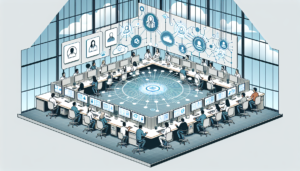 Illustrate an office environment that showcases a concept of seamless communication. Imagine a central platform being the core of this setup, symbolically connecting various teams. This could appear as an illustrative web of interconnected nodes spreading throughout the space, signifying unity and clarity. The employees using this system are from different descents, such as Caucasians, Hispanics, South Asian, and Middle-Eastern, representing a balanced diversity. This setup should illustrate a unified approach to customer service, so perhaps display some people aiding customers through headphones or video calls.