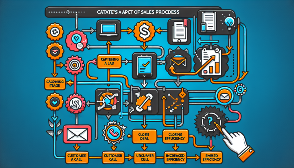 Create a digital flowchart illustrating the sales processes. The chart should outline each stage from capturing a lead to closing a deal, all enhanced by a generic CRM system. Additionally, visualize an aspect of increased efficiency in each stage. Colors should be vibrant and the lines connecting each stage should be clear and precise, ensuring that the flow of the process is easy to understand. Please include standard icons that represent various stages of sales such as a phone for a customer call, an envelope for emails etc.