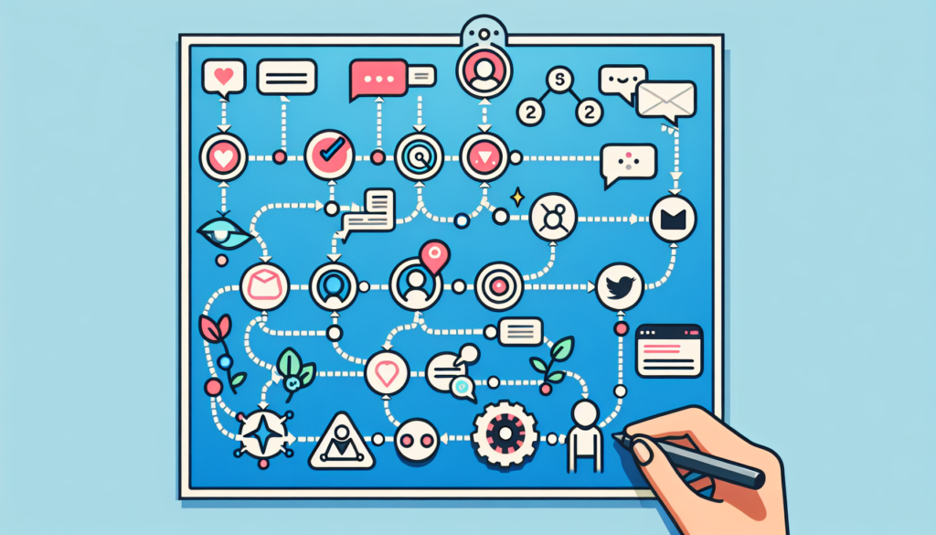 Generate an image of a user journey map with personalized touchpoints at various stages. Each phase is facilitated by using tools similar to those used in popular customer communication platforms. Make sure to include illustrations of messaging tools, pop-ups, and custom bots, showing their roles in different stages of the user journey, to illustrate a clear path of user interaction from the initial contact to the final goal.