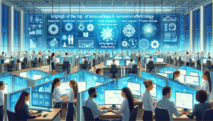 Illustrate a scenario set in the future portraying an advanced customer support center. The space is brimming with state-of-the-art integrated tools showcasing height of modern technology. These tools are seen actively contributing to innovations in service and efficiency. Employees, including male and female of various descents such as Hispanic, Middle-Eastern, and Caucasian are interacting with these tools, clearly demonstrating how technology aids in their work and amplifies productivity. The overall environment is vibrant and high-tech, exuding a sense of fast-paced effectiveness and pioneering advancements in customer service.