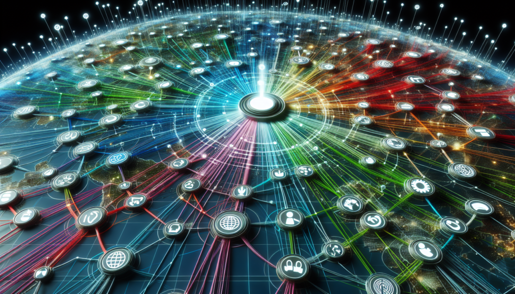 A detailed image of a vast network of communication lines represented as multicolored connecting links, all converging towards a central hub. The hub is symbolized as a strategically positioned point on the map glowing with a white light. Instead of any company logos, there are two general symbols illustrating the idea of 'intercommunication' and 'customer service', which represent unified communication in the center of the network.