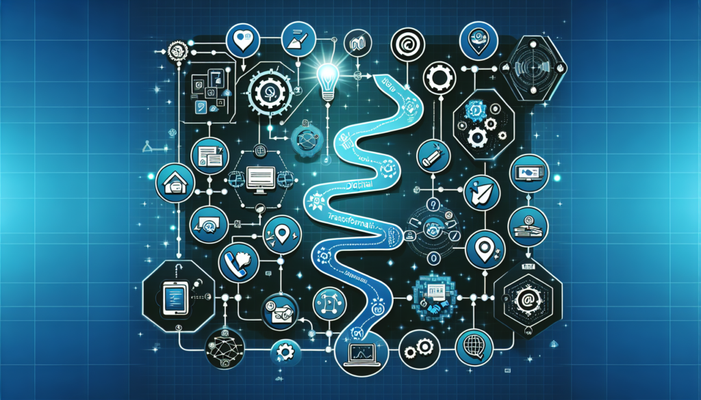 Create a detailed and informative graphic that depicts a digital transformation roadmap. This roadmap should consist of a variety of milestones that are marked and connected with specific icons. The icons in this roadmap should symbolize the successful integration process that involves the use of popular online automation tool and marketing software, similar in kind to Zapier and HubSpot. The journey of digital transformation should be logical and exhibit clear progress from one milestone to the next, showcasing the advancements and improvements that can be achieved through strategic and successful technological integration.