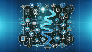 Create a detailed and informative graphic that depicts a digital transformation roadmap. This roadmap should consist of a variety of milestones that are marked and connected with specific icons. The icons in this roadmap should symbolize the successful integration process that involves the use of popular online automation tool and marketing software, similar in kind to Zapier and HubSpot. The journey of digital transformation should be logical and exhibit clear progress from one milestone to the next, showcasing the advancements and improvements that can be achieved through strategic and successful technological integration.