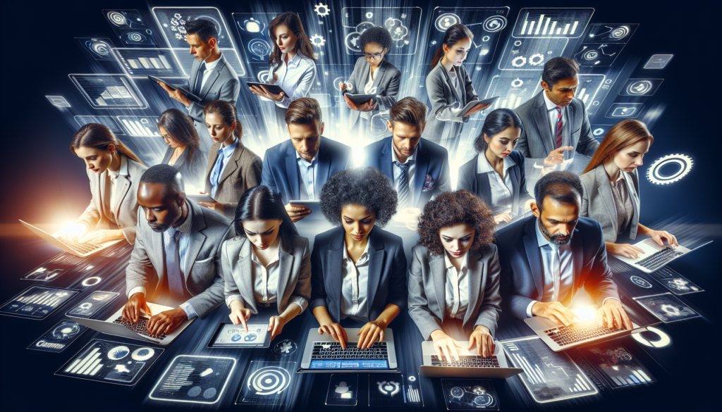 Diverse business professionals are depicted in an engaging scene using a generic CRM software on their laptops and tablets. Among them are a Caucasian male, a Black female, a Middle-Eastern male, and a South Asian female, each absorbed in their work. Surrounding them are mesmerizing visuals of sales and marketing data, symbolizing enhanced customer interactions. The image conveys the power and possibilities of digital tools in creating effective and efficient customer relationship management strategies.