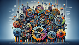 Create an image illustrating the concept of automation tools, symbolized as a variety of intricate gears and cogs. These mechanical elements are engaged in optimizing various business processes. Show specific sectors like Human Resources, Marketing, and Sales as distinct, color-coded gear systems. Some gears could be depicted as hiring profiles for HR, labeled pie charts for marketing, and rising sales graphs for sales. The entire scene should present a synchronized, efficient machine running smoothly and enabling optimum productivity. The image should balance a technical aura with a hint of vibrant energy reflecting the dynamism of the business world.