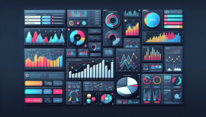 Illustration of a sophisticated analytic dashboard showcasing various data sets sourced from customer service platforms similar to those like Zendesk and Intercom. The display should show various interactive charts, graphs and visuals that offer deep insights, aiding in strategic business decision-making. Imagery such as bar graphs, pie charts, line graphs, and dynamic widgets should be included. Use a sleek, modern design with data represented in bright, contrasting colors against a dark background for better visualization and easy readability.