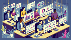 A detailed visual of a working setting where diverse Customer Support Representatives are proficiently managing conversations. These representatives consist of a Hispanic male, a Caucasian female, a South Asian female, and a Black male. They are all engaged with their computer screens, which display modern customer-service software interfaces resembling standard industry tools. Let's see dashboards on the screen similar in design to the dashboards often employed in customer service, with features for tracking queries, replying to customers, and analyzing feedback. Notably, the environment around them is peaceful yet energetic, suggesting their efficiency in responding to customer queries.