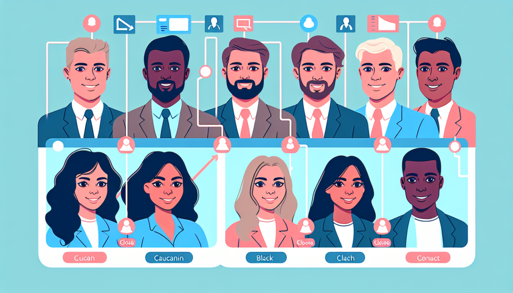 Illustration showing a diverse group of salespersons, with equal representation of Caucasian, Hispanic, Black, Middle-Eastern, and South Asian descent, and a balanced split between male and female individuals. They are portrayed using a generic Customer Relationship Management (CRM) system's features like pipeline management and contact insights. They seem engaged and optimistic, illustrating a potential increase in close rates due to their effective use of the CRM tool.