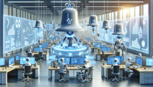 An illustrative depiction of a futuristic office setting optimized for high productivity. The environment is filled with advanced automation tools. Bell-shaped bots, representative of Zapier and tall tower-like bots, symbolizing HubSpot, are busy streamlining processes. You can see data being processed, tasks being organized, and deadlines being managed automatically. Floating screens display real-time analytics, and holograms show workflow diagrams. The whole scene is set in calm, cool tones, leaning towards blues and whites, to emphasize the digital, automated nature of the workspace.