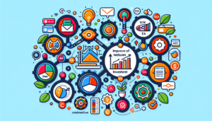 Create a bright and colorful image demonstrating several digital marketing metrics and tools, with a central focus on improvement of Return on Investment (ROI). Illustrate various automation features typically found in popular marketing software, including email marketing, CRM, social media scheduling, SEO optimization, and lead generation. Please emphasize the interconnectedness of these systems as they work together to improve ROI.