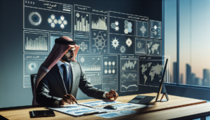 A Middle-Eastern business analyst in professional attire, strategically studying extensive data charts and graphs displayed on multiple screens. He is discerning actionable insights from a varied array of information. Substantial charts with a lot of depth are on his desk, with accompanying notes for interpretation. Two firm logos are also displayed prominently. The first logo is stylized as a simple circle with various geometric forms artistically incorporated into it. The second logo is a modern-looking square design with minimalist design elements.