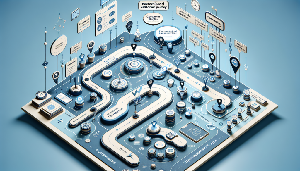 Detailed concept art of a digital map representing customised customer journeys. It should creatively highlight the diversification of touchpoints and interactions. The design needs to incorporate references to a suite of abstract tools, similar in purpose to those used in customer communication and support platforms, but avoid any specific branding. Along the paths, incorporate beacons or markers to signify milestones or important interaction points in the customer journey. It should convey a sense of modern technology, and its color scheme should lean towards blues and whites for a calm and professional aesthetic.