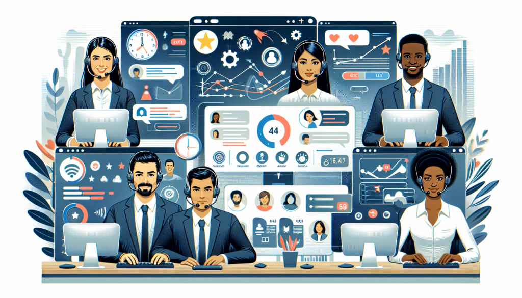 Create a detailed illustration of a diverse customer support team, consisting of a Caucasian female, Hispanic male, Middle-Eastern female, and Black male, expertly utilizing an advanced customer service software. The scene should emphasize elements of speed, efficiency, and related tools, with visual cues signifying fast responses, organized workflows, and satisfied customers. Illustrate the layout of the software on their computer screens filled with various icons, chat interfaces, data analytics, and other related features. Elsewhere, highlight positive emojis, satisfaction scores, and other user satisfaction indicators.