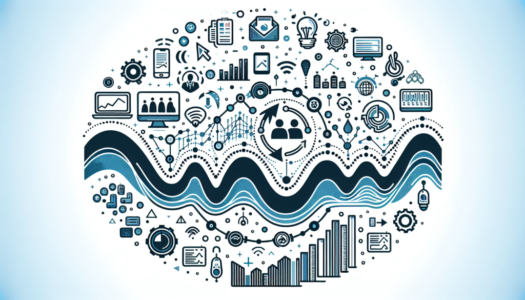 Illustration of a digital wave symbolizing transformation, with pictorial representations at the crest that stand for increased business efficiency and innovation. Avoid specific references to copyrighted icons or logos, instead, embody them through generic symbols of technology and automation software.