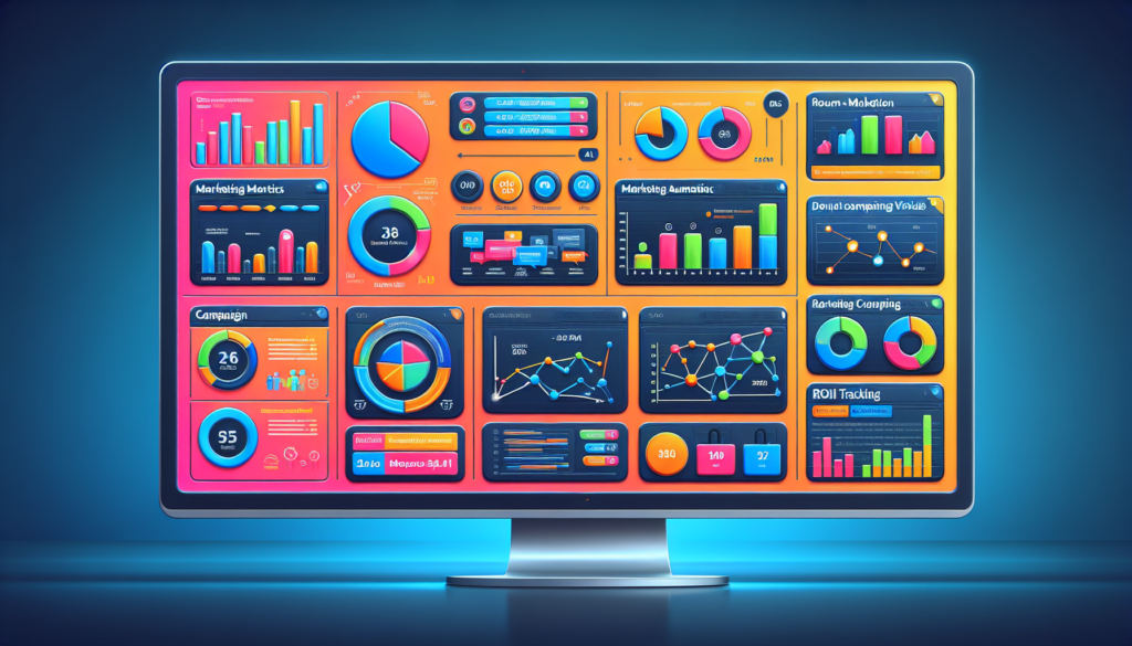 Create a detailed image of a colorful and dynamic marketing dashboard. The dashboard is loaded with various marketing automation tools, specifically HubSpot, that is showing a number of different campaign metrics. There are visual representations of these metrics such as graphs, charts, and progress bars. Additionally, the image also includes a section dedicated to ROI tracking visuals, exhibiting information about returns on marketing investments.