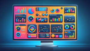 Create a detailed image of a colorful and dynamic marketing dashboard. The dashboard is loaded with various marketing automation tools, specifically HubSpot, that is showing a number of different campaign metrics. There are visual representations of these metrics such as graphs, charts, and progress bars. Additionally, the image also includes a section dedicated to ROI tracking visuals, exhibiting information about returns on marketing investments.