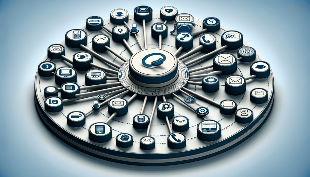 A detailed graphical representation of a hub-and-spoke model. The hub represents platforms such as customer service software, represented by symbols that do not use any specific brand logos or names but are implied to be communications platforms. The spokes are various communication channels shown using universally recognized symbols, such as a phone for voice calls, an envelope for emails, a chat bubble for instant messaging. Each spoke is connected to the hub, symbolizing a unified customer experience.