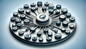 A detailed graphical representation of a hub-and-spoke model. The hub represents platforms such as customer service software, represented by symbols that do not use any specific brand logos or names but are implied to be communications platforms. The spokes are various communication channels shown using universally recognized symbols, such as a phone for voice calls, an envelope for emails, a chat bubble for instant messaging. Each spoke is connected to the hub, symbolizing a unified customer experience.