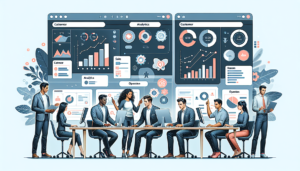 Illustration of a diverse sales team collaboratively working on an unbranded digital CRM interface, similar in style to widely used systems. The fictional interface displays analytics graphs, customer details, and various operational features. The team consists of a Caucasian man, a Black woman, a Hispanic man, and a Middle-Eastern woman, who are all engaged in the operation of the interface, providing an insight into the intricate workings and functionalities of a typical CRM platform.